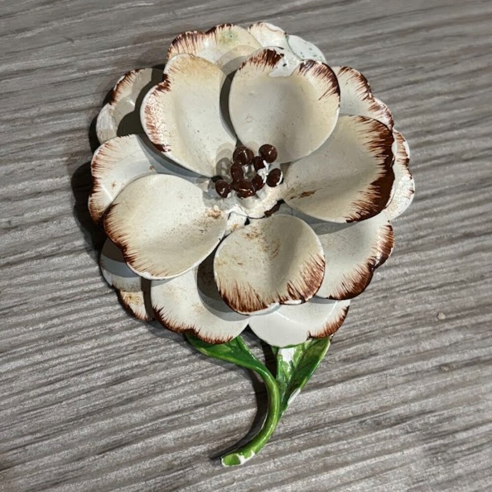 Vintage Magnolia Brooch Enamel Painted Flower Pin White Brown Green Stem Large